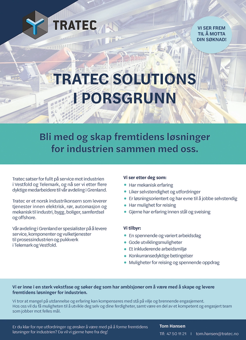 Stillingsannonse for Tratec Solutios i Porsgrunn